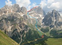 ungefährer Aufstieg ab dem Contriltal (orange: Radstrecke; blau: Bergsteig; rot: Klettersteig)