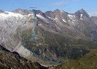 Ungefährer Verlauf des Aufstiegs ab der Alpenrosenhütte (rechts unten gerade so verdeckt)